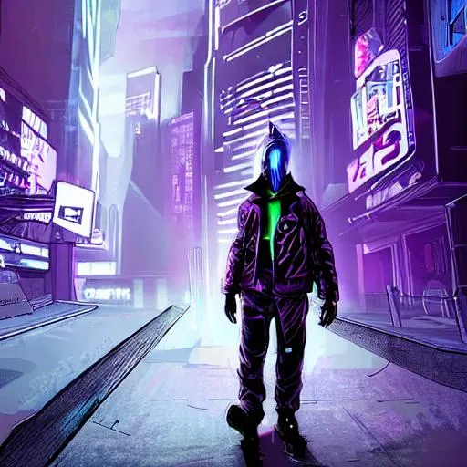a lone cyberpunk character with a purple mask and sh... | OpenArt