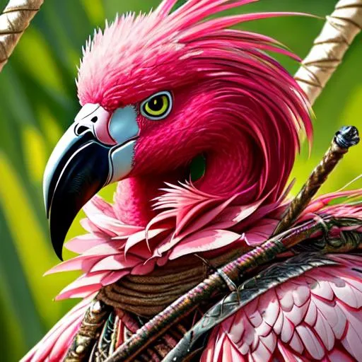 Prompt: photo-quality image:: human-flamingo warrior man:: insanely detailed bird head:: he is a flamingo wearing robin hood shirt and pants:: flamingo-headed anthropomorphism:: flamingokin is ready to draw his sword:: phoenicopterus male fighter with leather armor:: insanely detailed digital illustration masterpiece:: background is forest::