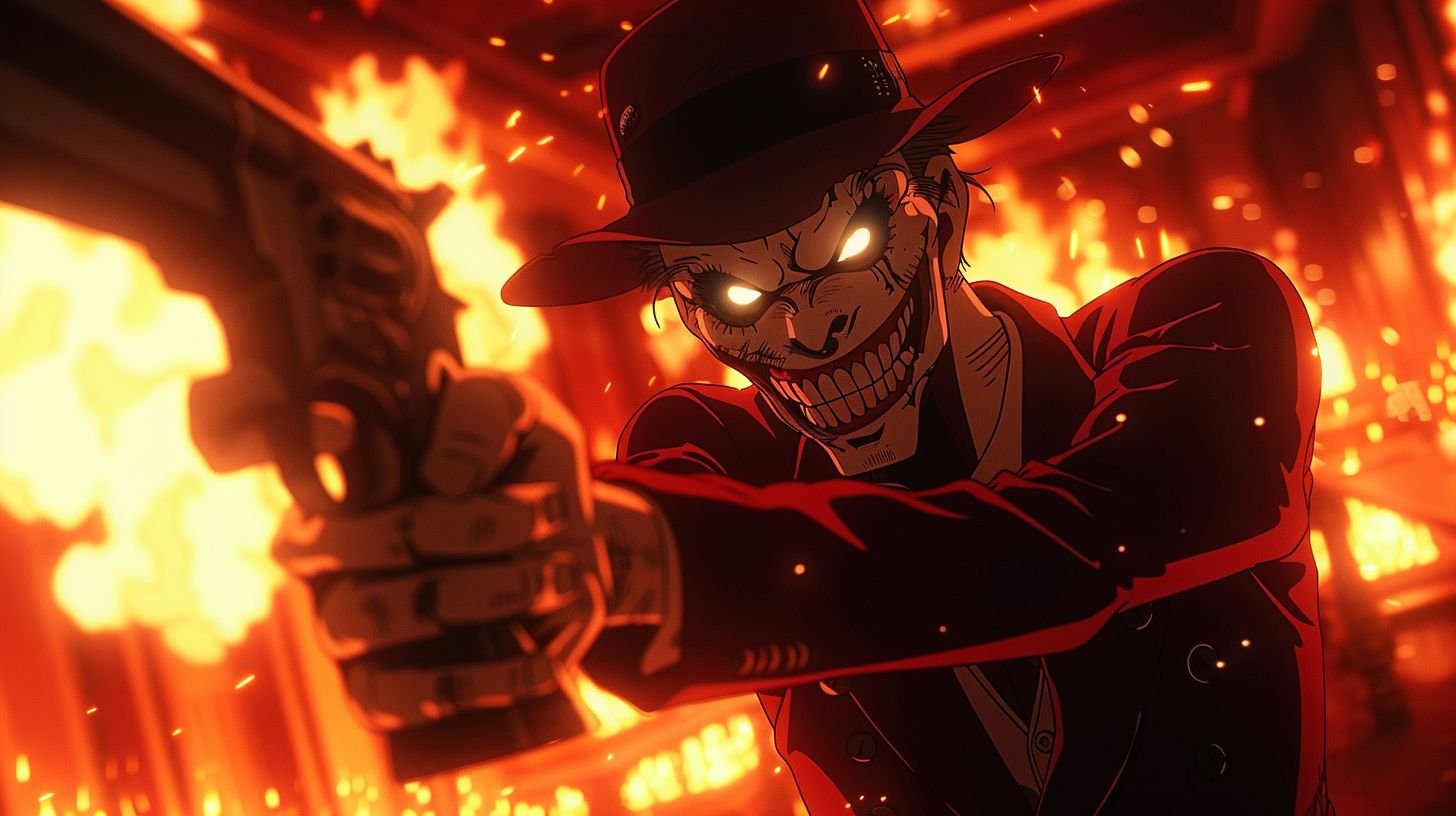 Prompt: Anthropomorphic smiling bullets being fired by an anime mafia boss wielding a machine gun