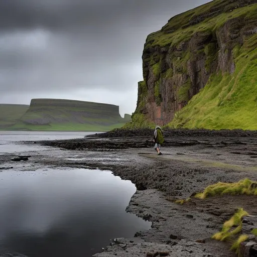 Prompt: A giant walking on the causeway in Ireland