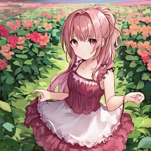 Prompt: A girl in a flower garden wartering the flowers with brown eyes pink hair up with flowers in her hair warin a straberry dress
