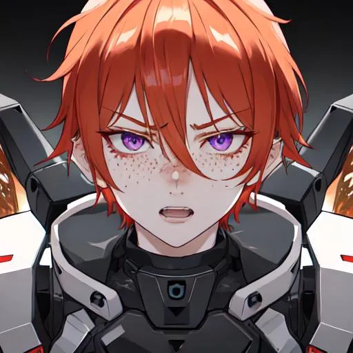 Prompt: Erikku male adult (short ginger hair, freckles, right eye blue left eye purple) UHD, 8K, Highly detailed, insane detail, best quality, high quality, using a chainsaw, angry