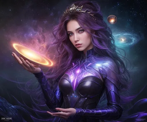 Prompt: splash art, hyper detailed, hyper realistic, highly detailed, dark, surreal heavy mist, floating at the edge of the Universe, in an alien observatory, 

create an hologram of a beautiful, young adult, Ultra Fantastical Exquisite Sorceress, holding the Milky way galaxy on an extended fingertip,

Gorgeous detailed facial features, long legs, vibrant sumptuous, perfect body, ultra pale, visible midriff, perfect curly red hair, magically created armor, heavy iron collar, 

Perfect studio lighting, perfect shading. HDR, UHD, high res, 64k, cinematic lighting, special effects, hd octane render, professional photograph, trending on artstation, .