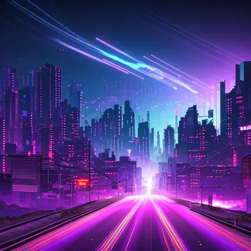 Prompt: Middle of a dark road in town with colourful cyberpunk city skyline far in the horizon with planes in sky leaving smoke trails at night, purple blue and pink colours