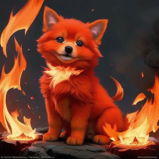 Prompt: Cute, red, fluffy, fire puppy, possessing the element of fire and making circles of fire
 move around in the air in a magical way. Perfect features, extremely detailed, realistic. Krenz Cushart + loish +gaston bussiere +craig mullins, j. c. leyendecker +Artgerm.