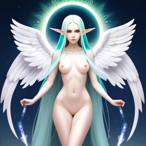 Prompt: ((elf wizard)), female, angel wings, halo, long hair, pale skin, symmetrically colored hair, ((full body)) {{good looking}} {{cute}} {{good body}} {{tight}}, {{shadows}},{{naked}},{{nude}},