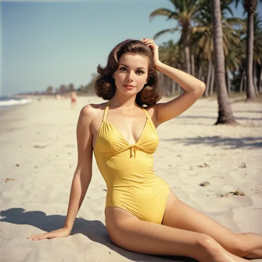 Prompt: Background is on a sunny beach near the ocean before sunset, model is in a swimsuit laying in the sun, palm trees in the distance, swimsuit is yellow, 1960s