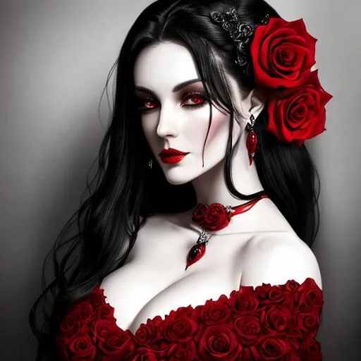Prompt: evil, fantasy, UHD, 8k, high quality, hyper realism, Very detailed, full view of an skull woman with half of human face, straight black hair with red roses entwined in it, and wearing a red dress in a dark background