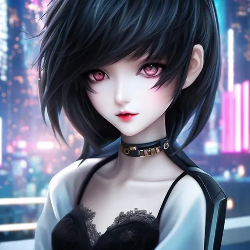 Prompt: ((Best Quality)), ((The masterpiece)), slender goth girl with fluffy hair with bangs, ((beautifully detailed face and large eyes)), in the middle of a futuristic city