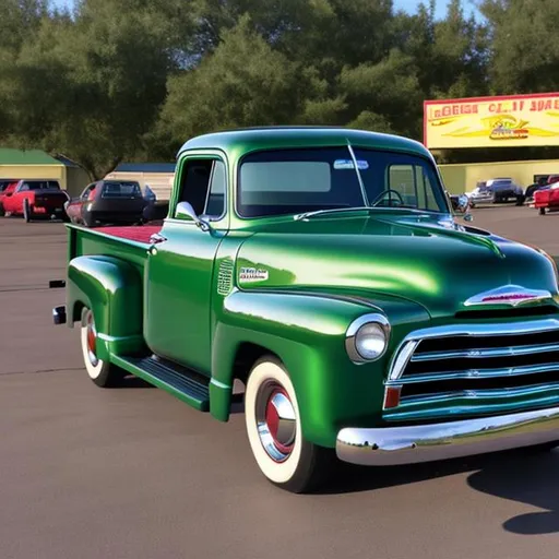 Prompt: a green 1950 chevy truck at a drive inn movie