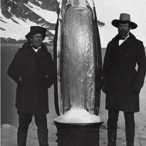 Prompt: 19th century Photograph of Explorers posing with frozen alien in Antarctica.
Black and white photo, realistic, antique, dust, scratches