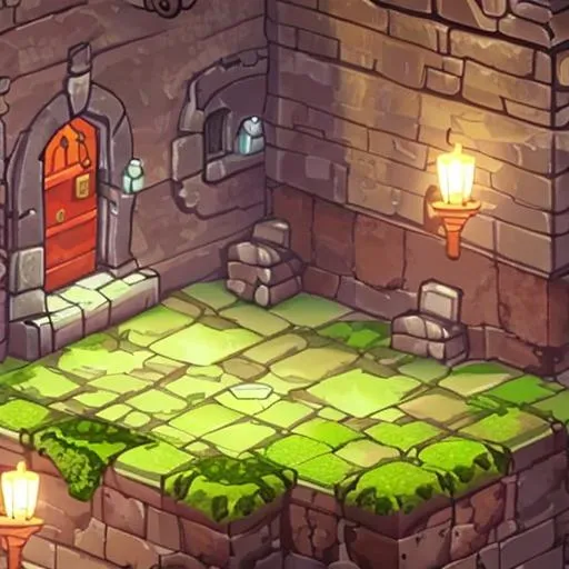 Prompt: Cobblestone, 2D, underground, game texture, dungeon, temple, platforms, cute, moss, light ray, indoors, Door, locked 
