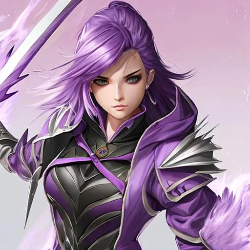 Prompt: 
chest armor and windbreaker
female
age 20
purple hair
long spear
mafia 

