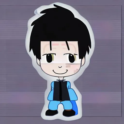 Prompt: a digital painting of a cartoon korean male chibi for my video game as an avatar with white clothes and blue pants and black shoes facing the screen

