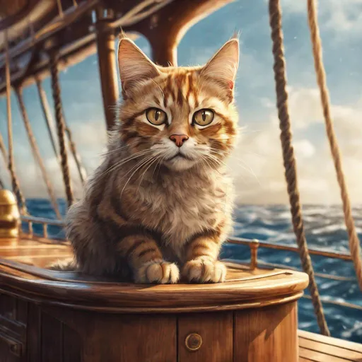 Prompt: Detailed digital illustration of a curious cat on a mighty ship, realistic fur texture with playful expression, wooden ship deck details, ocean waves crashing, high quality, digital painting, realistic style, warm natural tones, natural lighting