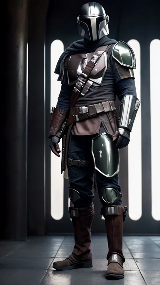 Prompt: selfie of the Mandalorian, (((full body visible))), looking at viewer, portrait, photography, detailed skin, realistic, photo-realistic, 8k, highly detailed, full length frame, High detail RAW color art, piercing, diffused soft lighting, shallow depth of field, sharp focus, hyperrealism, cinematic lighting, full body