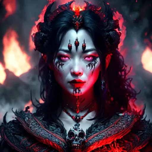 Prompt: A dark evil beautiful queen emerging from hell with skulls, lava and smoke elements, hyperrealism, photorealistic, 8k, unreal engine --ar 9:16 --niji 5 --style expressive --s 400