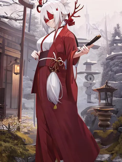 Prompt: backward antlers, white hair, female, monk, blindfold, anime, 