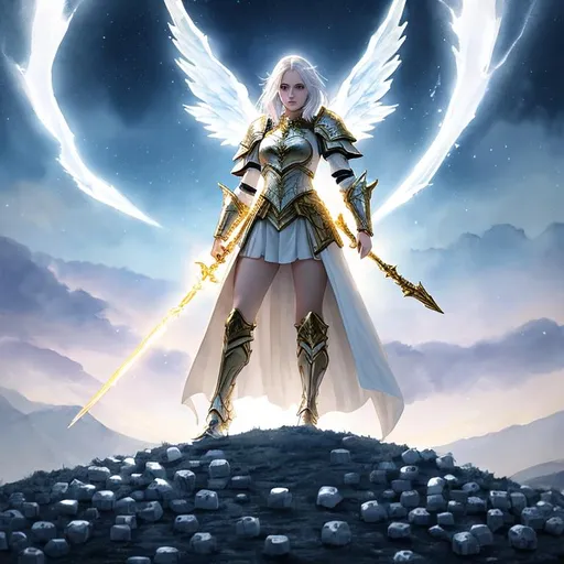 Prompt: watercolor painting of young female wizard in white heavy combat armor without helmet standing on hilltop made of skulls,
stunning scarred face,
short silver hair,
gold armor details,
long white cape,
glowing halo effect,
movie scene,
medium shot,
UHD