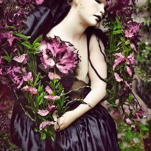 Prompt: Dark fairy evil gown renaissance period light lighting deep creepy shadows garden of rare flowers nightshade black wings 