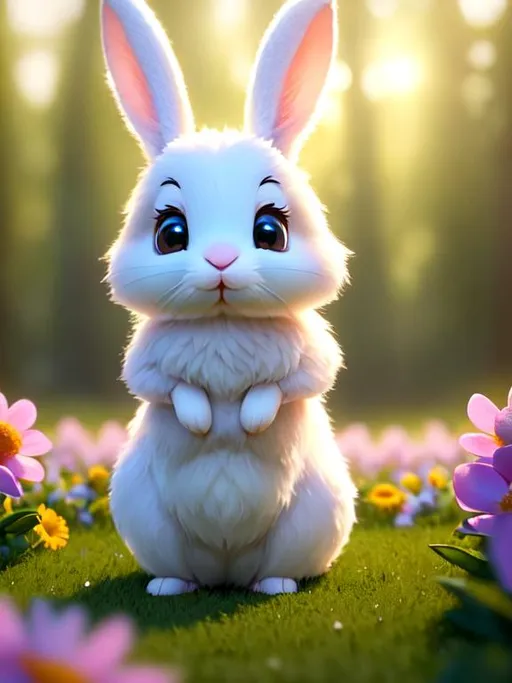 Prompt: Disney Pixar style cute rabbit baby, highly detailed, fluffy, intricate, big eyes, adorable, beautiful, soft dramatic lighting, light shafts, radiant, ultra high quality octane render, daytime forest background, field of flowers, bokeh, hypermaximalist