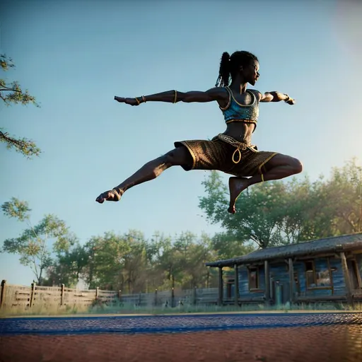 Prompt: (Hyperrealistic highly detailed sharp full body photography of ebonian martial artist woman doing a flying kick) strong-willed, deeply focused, skilled, athletic, strong, agile, fast. Perfect body. Sweat. Jump. Kick. (Flying kick stance). Traditional clothes. Old, tribal training ground. Broken wooden training dummies. Dark night. Dim light. Traditional. Kung-fu. Remanent Speed effect. Anatomically correct. Perfect body.