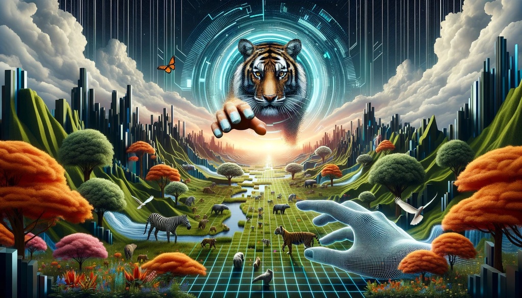 Prompt: Wide image of an avant-garde futurism inspired landscape with a central digitized tiger, surrounded by pixelated wildlife, with a human hand reaching out, creating a bridge between technology and nature.