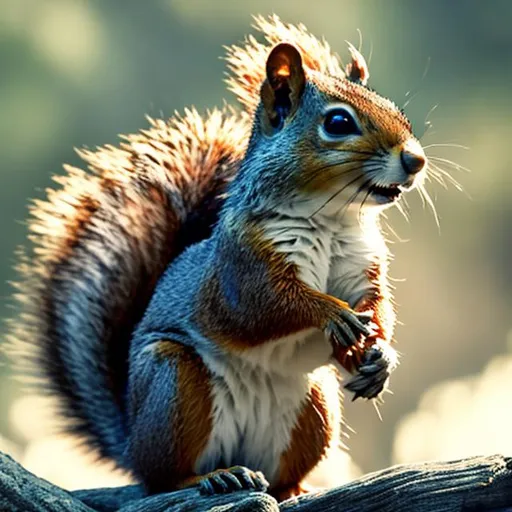 Prompt: a playful and energetic squirrel with a bushy tail that seemed to have a life of its own. Zephyr's nimble movements and sharp senses made him the perfect scout, alerting the group to any oncoming danger, 8k, details of details, epic environment, standing on his legs, full body.
