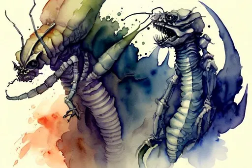 Prompt: Please create a monster manual page baking, I want a faint watercolour Insectoid beast with smokey watercolour effects