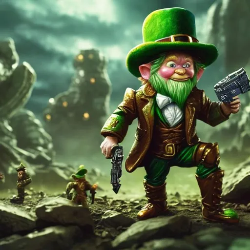 Prompt: leprechaun holding a pistol and wearing high tech armor technology scifi spaceships flying in background 
