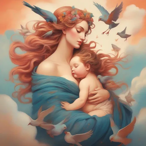 Prompt: A colourful and beautiful Persephone, with her hair being made out of clouds, lovingly cradling her baby with birds in flight around her in a painted style