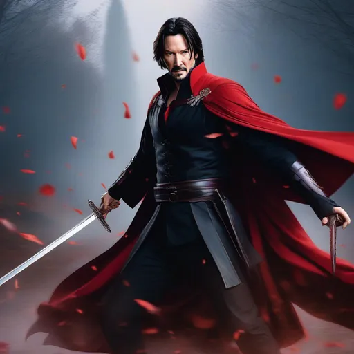 Prompt: Keanu Reeves as a Vampire, wearing a {{brigandine and red shoulder cape}}, dual wielding swords, action pose, detailed background, UHD, Perfect Face, Perfect Hands, High Quality, {{Masterpiece}}, Anime