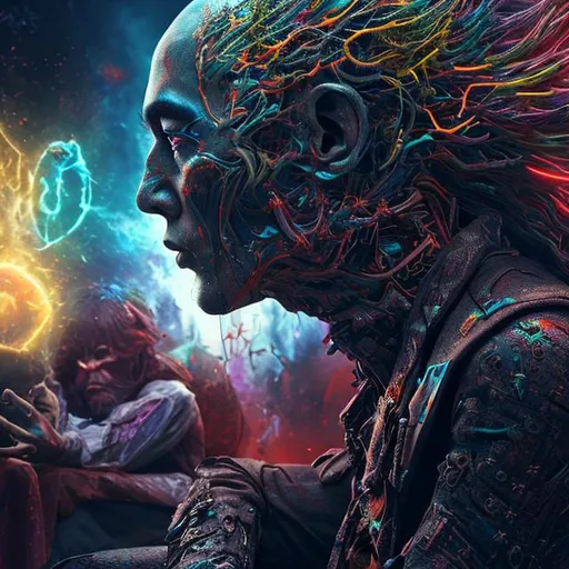 Prompt: human man who is having a psychedelic LSD hallucination of the battle between good and evil side view seated on a chair detailed faces hyper realistic extremely detailed dark cinematic 4K