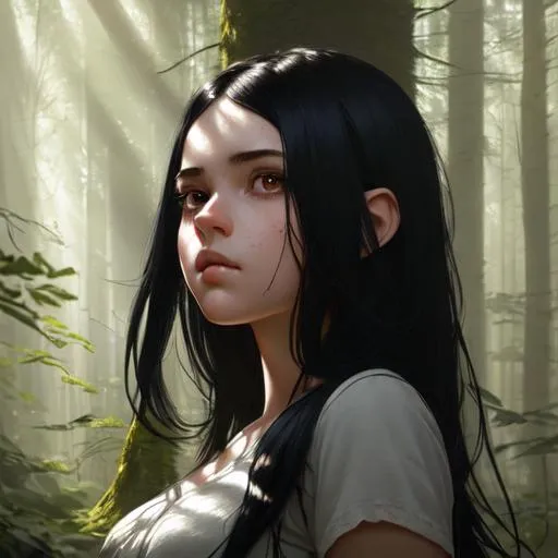 Prompt: Portrait of girl with black hair and with cute face, {morning sunlight forest background}, perfect composition, hyperrealistic, super detailed, 8k, high quality, trending art, trending on artstation, sharp focus, studio photo, intricate details, highly detailed, by greg rutkowski