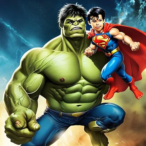 Prompt: Hulk with super man
