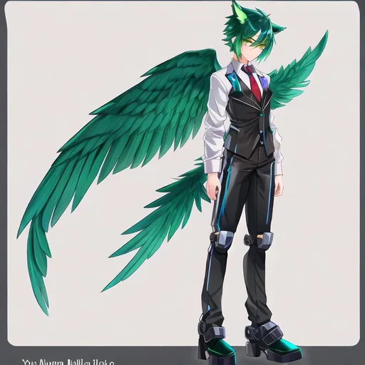 Prompt: Your OC is a small twisted pegasus-human bipedal animatronic hybrid, with focused emerald eyes. They identify as male, standing on two legs, 
