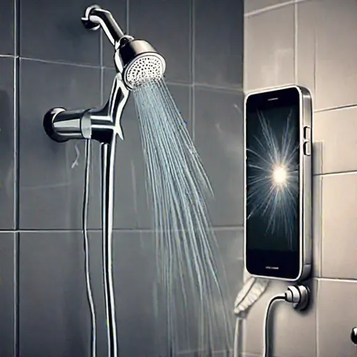 Prompt: Shower head, electric, exposed wires, sparks, short circuit, fire, explosion, smoke, danger, 240p, phone image.