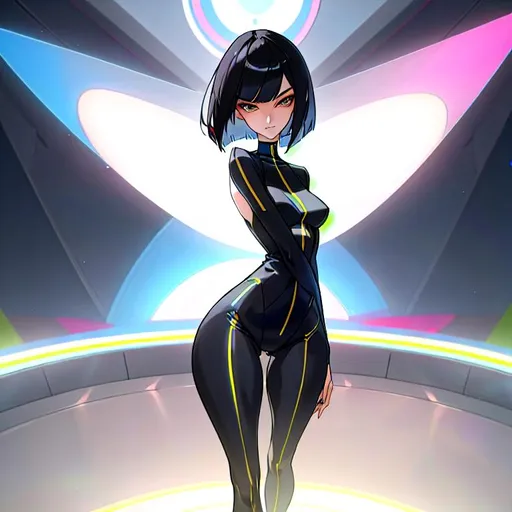 Prompt: a lonely AI girl, very tall, thick thighs, wide hips, huge glutes, long legs, slender arms, slender waist, big beautiful symmetrical eyes, intriguingly beautiful face, aloof expression, bob haircut with bangs, wearing hyper-photorealistic high-fashion clothes, high fashion, hyper photorealistic, 12K resolution, hyper quality, hyper-detailed, hyper-realistic, 12K resolution, realistic lighting, realistic shadows, realistic reflections, realistic textures, hyper-professional