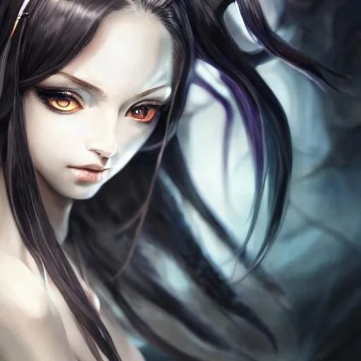 Prompt: highest quality portrait, succubus, digital painting, highly-detailed symmetric face, cinematic dark cold color palette, spotlight,perfect composition, hyperrealistic, super detailed, 8k, high quality, sharp focus,intricate details, highly detailed, dynamic lighting, detailed and intricate environment, anime artstyle by Yusuke Kozaki