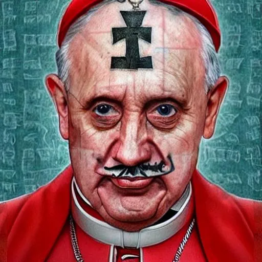 Prompt: hyper realistic hyper real vatican pope with hitler mustash and 666 drawn in red ink on forehead in red ink  in front of upside down american flag mark of beast on skin inside the vatican federal reserve