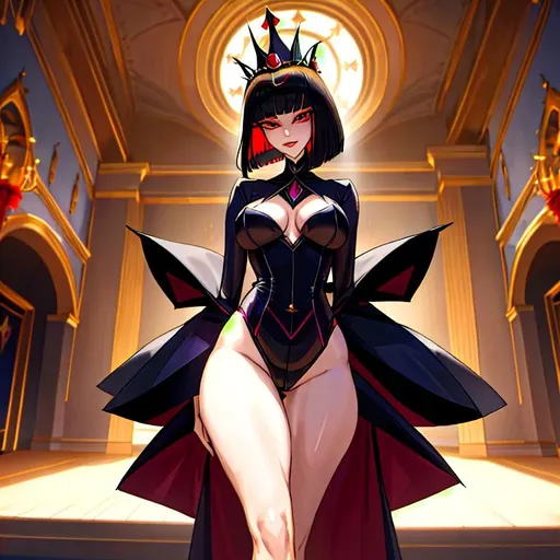 Prompt: a lonely Evil-Queen Regalia AI girl, very tall, thick thighs, wide hips, huge glutes, long legs, slender waist, big beautiful eyes, disturbingly beautiful face, aloof expression, bob haircut with bangs, wearing Evil-Queen Regalia fashion clothes, haute couture, God-quality, Godly detail, hyper photorealistic, realistic lighting, realistic shadows, realistic textures, 36K resolution, 12K raytracing, hyper-professional, impossible quality, impossible resolution, impossibly detailed, hyper output, perfect continuity, anatomically correct, no restrictions, realistic reflections