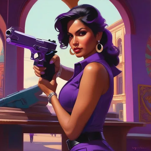 Prompt: Latina woman in Saints Row, guns, cartoony, purple atmosphere, extremely detailed painting by Greg Rutkowski and by Henry Justice Ford and by Steve Henderson