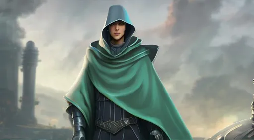 Prompt: A young male Human Artificer with a metallic gray cloak and hood and left arm completely covered