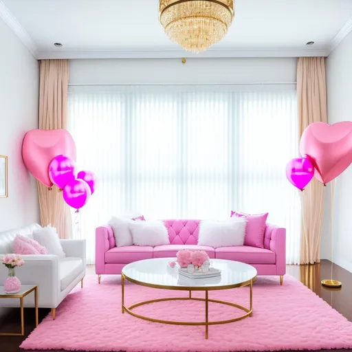 Prompt: pink balloons, white room, gold couch, floor to ceiling windows, high definition, detailed, white fur rug, modern