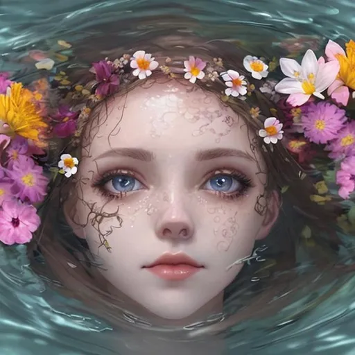 Prompt: Ophelia drowning eyes open, flowers in water,facial closeup