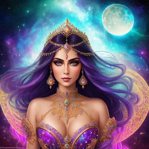 Prompt: Tamina as a Princess of persia, detailed beauty face, detailed beauty eyes, perfect long hair, surreal beauty, soft light, Abstract fractal art background, surrounded by Castle in Prince of Persia, surrounded by  full color space nebula and super nova planets and moon on julia clusters mandelbrot voronoi fractal, long shot