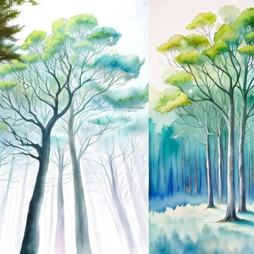 Prompt: arboreal, The artworks predominantly embrace the watercolor medium. A prevalent mood observed is "brooding" with influences of artists such as Leiji Matsumoto and Scarlett Hooft Graafland. The color palette is characterized by light white, cyan, and silver tones. Specific features emphasized are detailed facial characteristics, especially distinctive noses. Brushwork is frequently described as flowing, but there are also mentions of sharp and detailed brush techniques. A fusion of traditional methods and contemporary influences can be observed, as traditional oil-painting techniques merge with bold manga lines. Notable stylistic inspirations also include Larme Kei and Yasuhiro Nightow. 