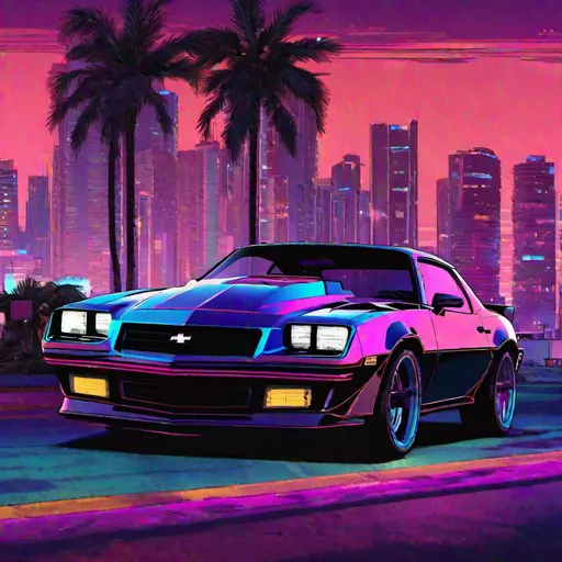 Prompt: Chevrolet Camaro IROC-Z, synthwave, aesthetic cyberpunk, miami, coastal highway, dusk, 