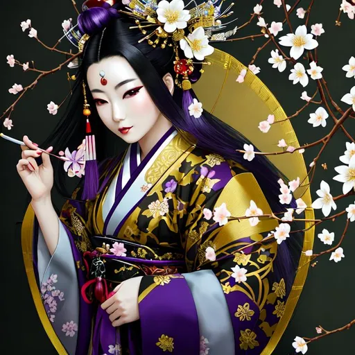 Prompt: High quality portrait of a Japanese Oiran. she is walking in a cherry blossom garden, She has lightly colored pale skin and is very beautiful. Her hair is black and is decorated with purple, silver, and gold hairpins. Her elaborate kimonos are white and purple with checkered patterns. She wears a blue spider lily on her left ear and wears a beautiful purple obi patterned with traditional Japanese mist colored white.