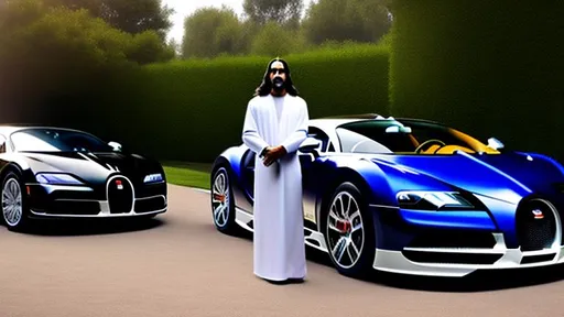 Prompt: Sigma male Jesus Christ standing next to a Bugatti.